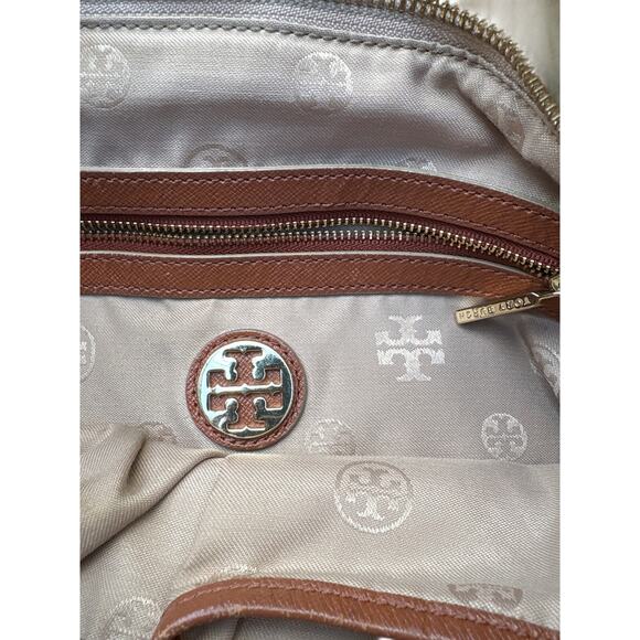 Tory Burch Canvas Leather Trim Tote Bag Tan Penn Tote - Picture 2 of 10